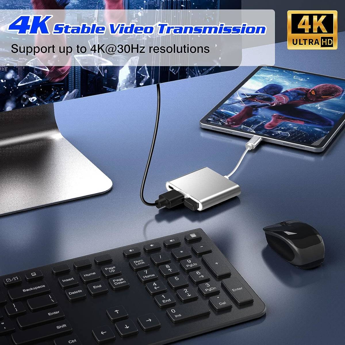 ElecMoga Type-C - HDMIアダプター 4K USB3.0 + USB-C 高速充電ポートコンバーター_画像7