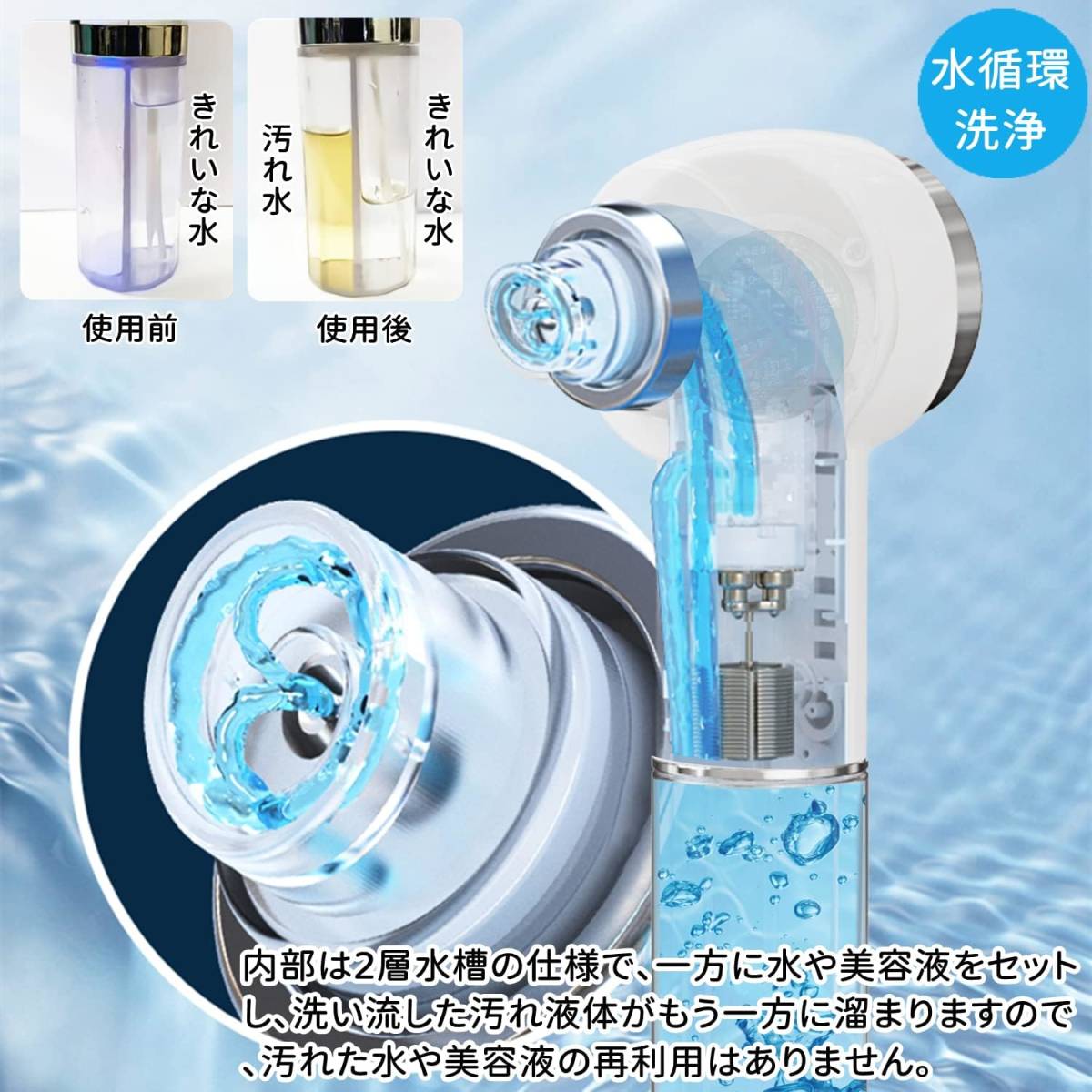 【2022年新モデル】毛穴吸引器 水流式 美顔器 【水槽分離毛穴洗浄型】 美容液対応 真空吸引技術 毛穴ケア 毛穴クリーナー 6種類吸引ヘッド_画像7