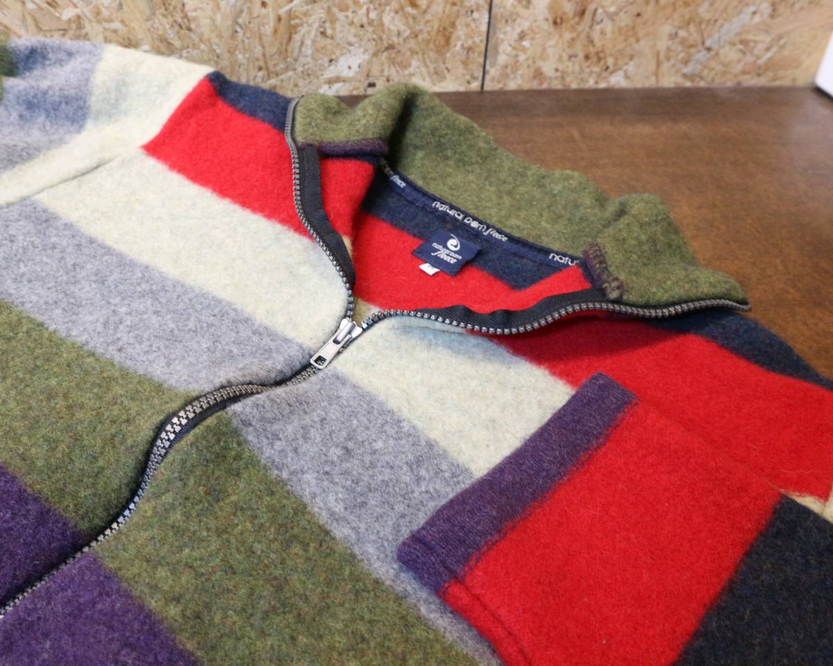 送料520円可★USA古着natural born fleece★スコットランド製フルジップジャケット★マルチカラーボーダーアメカジ★ウール100％サイズM_送料520円で発送可能です！