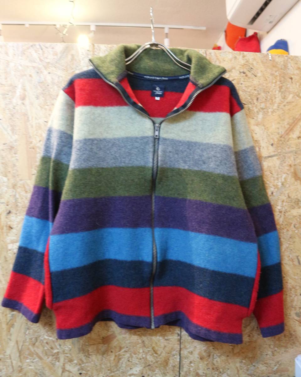 送料520円可★USA古着natural born fleece★スコットランド製フルジップジャケット★マルチカラーボーダーアメカジ★ウール100％サイズM_画像2