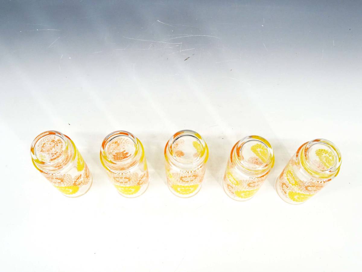 ◆(TH) 昭和レトロポップ HOYAクリスタル ガラス製コップ まとめて 5個セット グラス 食器 花柄 黄色 橙色 キッチン雑貨_画像5