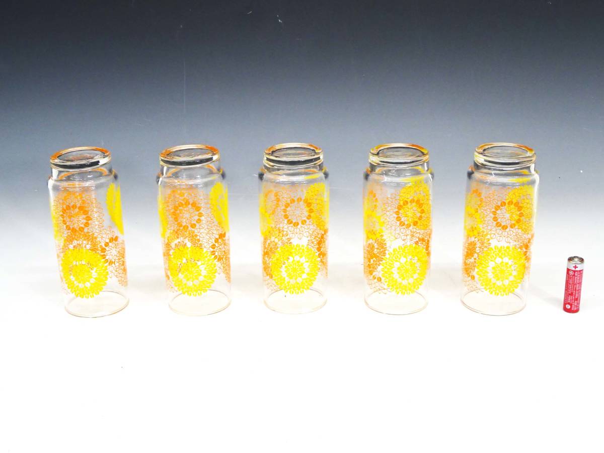◆(TH) 昭和レトロポップ HOYAクリスタル ガラス製コップ まとめて 5個セット グラス 食器 花柄 黄色 橙色 キッチン雑貨_画像4