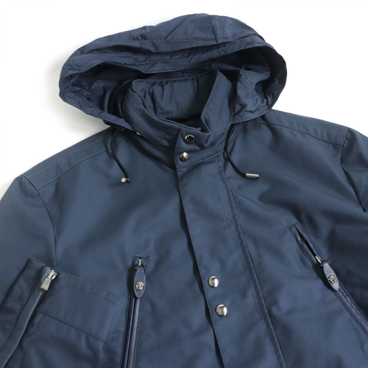  superior article * Versace lining mete.-sa total pattern ram leather elbow patch ZIPUP hood entering Work jacket / blouson 44 blue Italy made regular goods 