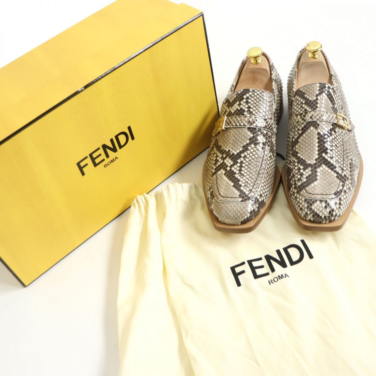 未使用品□FENDI/フェンディ 7D1341 FFビット/ズッカ ゴールド金具 パイソン スネークスキン レザーローファー ブラウン系 9 イタリア製_画像2