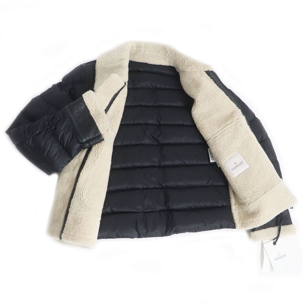 極美品□MONCLER/モンクレール LAREDO GIUBBOTTO ナイロン切替 WZIP レザー ムートンダウンジャケット/パファージャケット ブラック 2_画像3