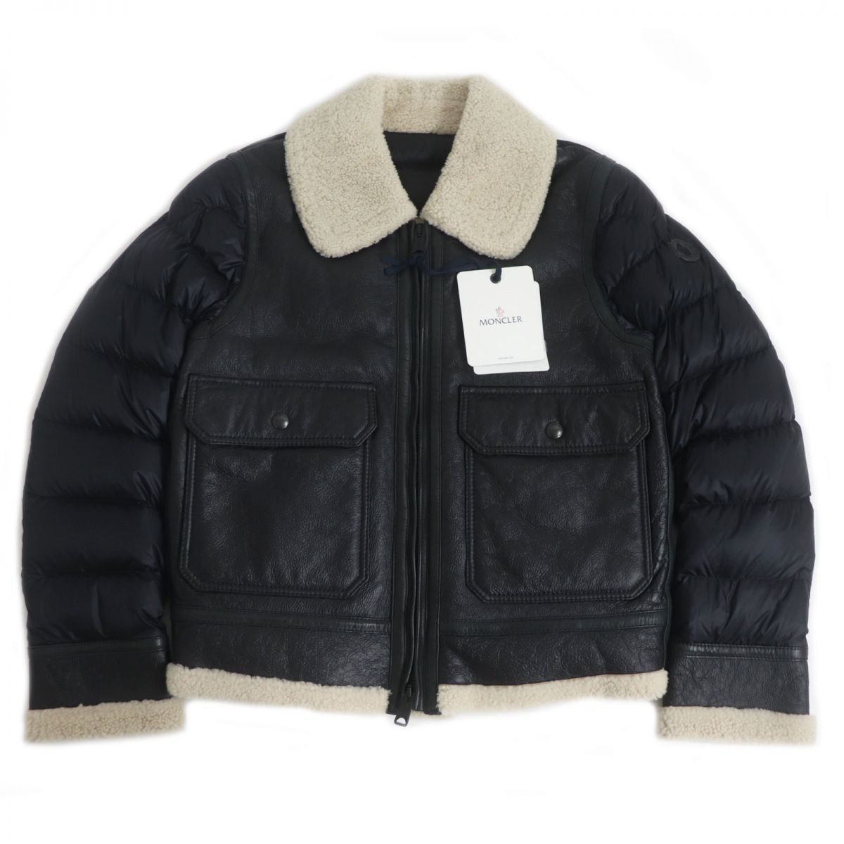 極美品□MONCLER/モンクレール LAREDO GIUBBOTTO ナイロン切替 WZIP レザー ムートンダウンジャケット/パファージャケット ブラック 2_画像1