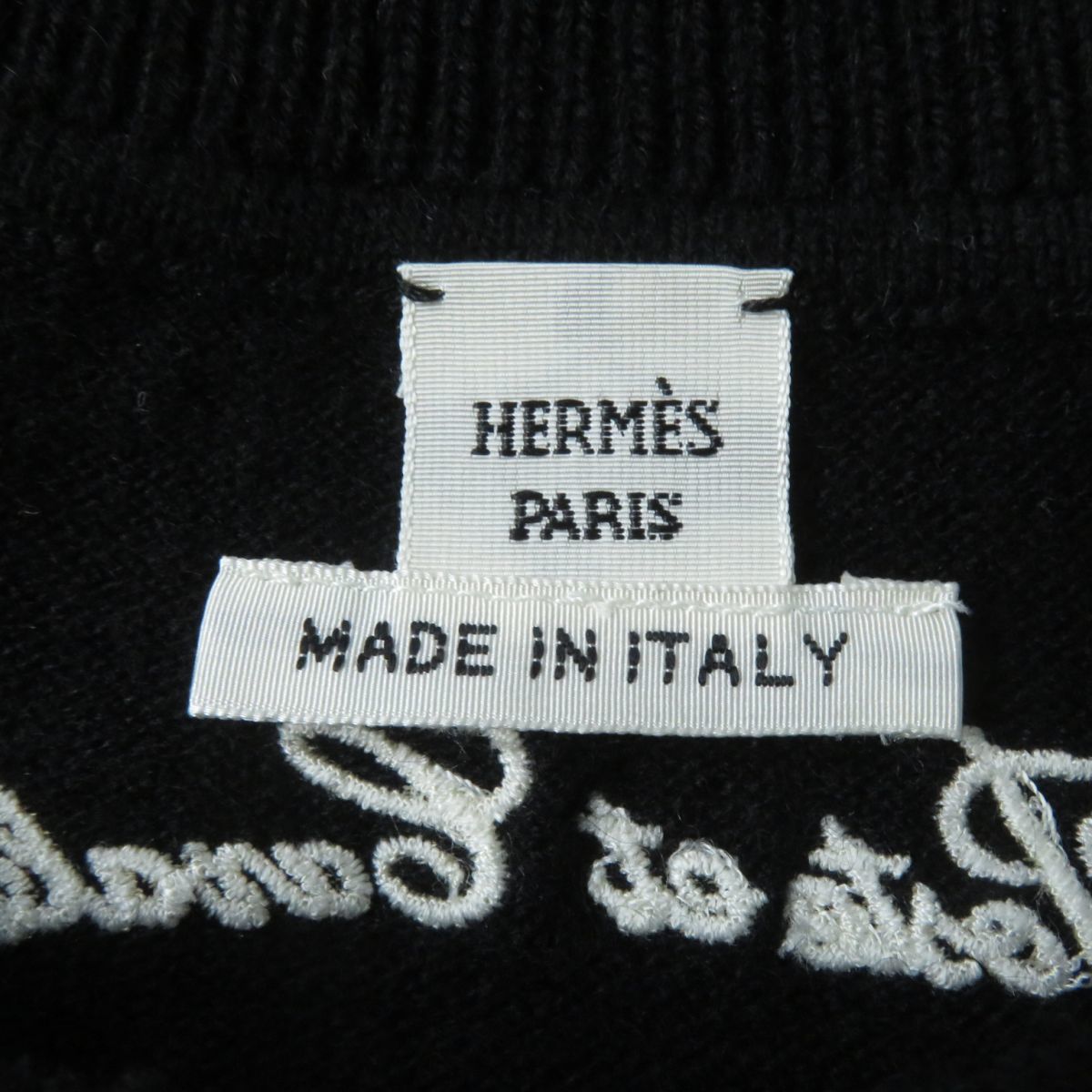  ultimate beautiful goods * regular goods HERMES Hermes 21 year Poste et Cavaleriesa- bell ornament sack Logo embroidery go in cashmere 100% long sleeve knitted One-piece black × white 36 made in Italy 