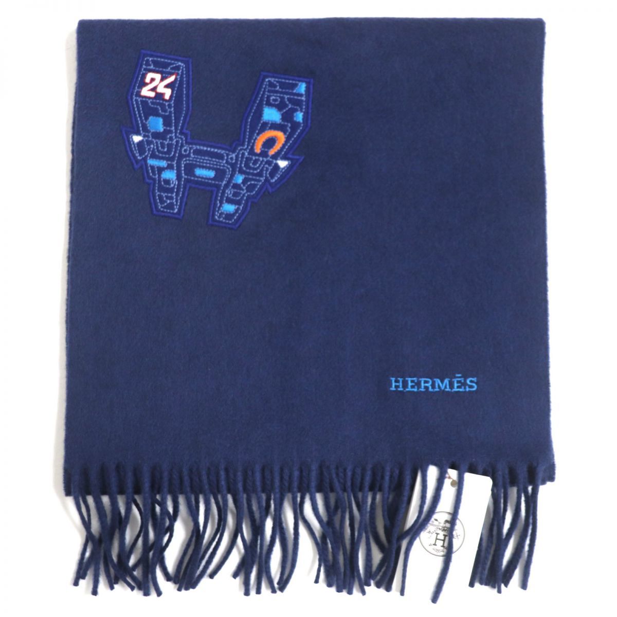 未使用品▼HERMES エルメス スペース ユニバーシティSpace Univesify カシミヤ100% フリンジ付き マフラー 紺 メンズ 英国製 箱・タグ付