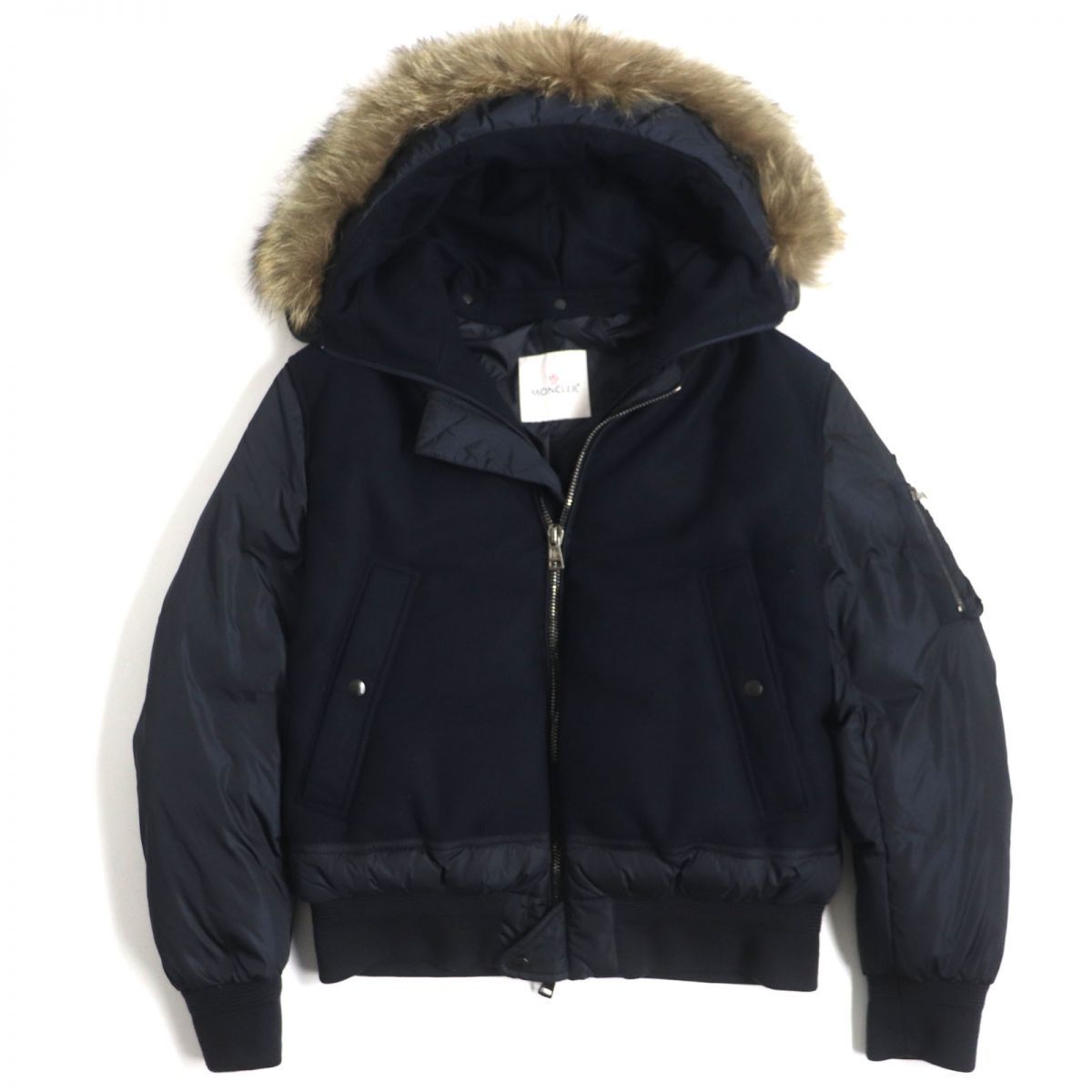 極美品▼MONCLER モンクレール MUSCADE ファー・フード・ロゴワッペン付き WZIP 2WAY ボンバーダウンジャケット 紺 2 メンズ 国内正規品_画像1