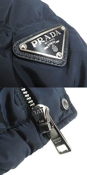 美品□PRADA/プラダ トライアングルロゴ/三角プレート フライフロント ZIPUP フード入り ダウンジャケット/コート ネイビー 48 正規品_画像5