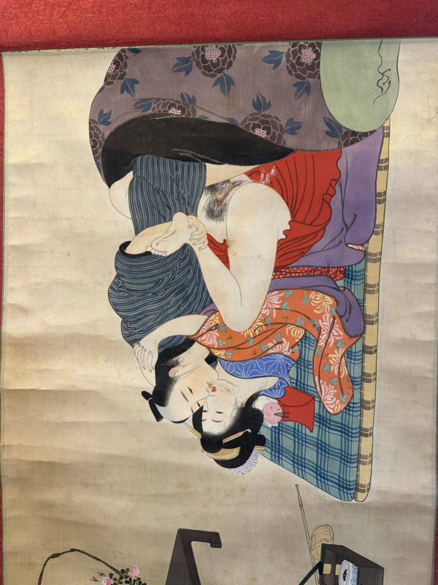 【真作】 江戸期春画 「艶色日本三景」 錦絵 浮世絵 和本 艶本 秘画 裸婦 男根 春宮図 墨摺 肉筆 絹本 画芯サイズ約133.5*37.5cm 箱あり_画像3