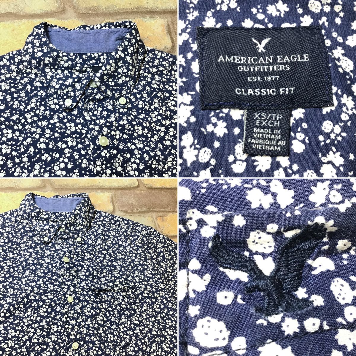 ME9-486◆GOODデザイン◆状態◎◆ネイビー【American Eagle アメリカンイーグル】コットン100% 小花柄 総柄シャツ【メンズ XS】長袖_画像4