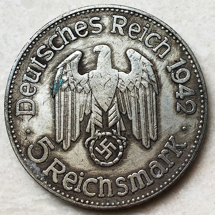  原文:ドイツ 　第三帝国　 銀貨　 1942年銘　 ヒトラー 　5マーク 　銀餅　 貨幣　 36mm 　18.4ｇ