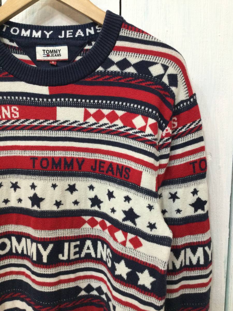 TOMMY JEANS トミーヒルフィガー 総柄 コットン×ウール ニット セーター クルーネック ニット メンズS 良品綺麗_画像4