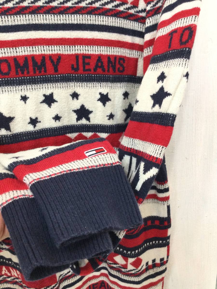 TOMMY JEANS トミーヒルフィガー 総柄 コットン×ウール ニット セーター クルーネック ニット メンズS 良品綺麗_画像7