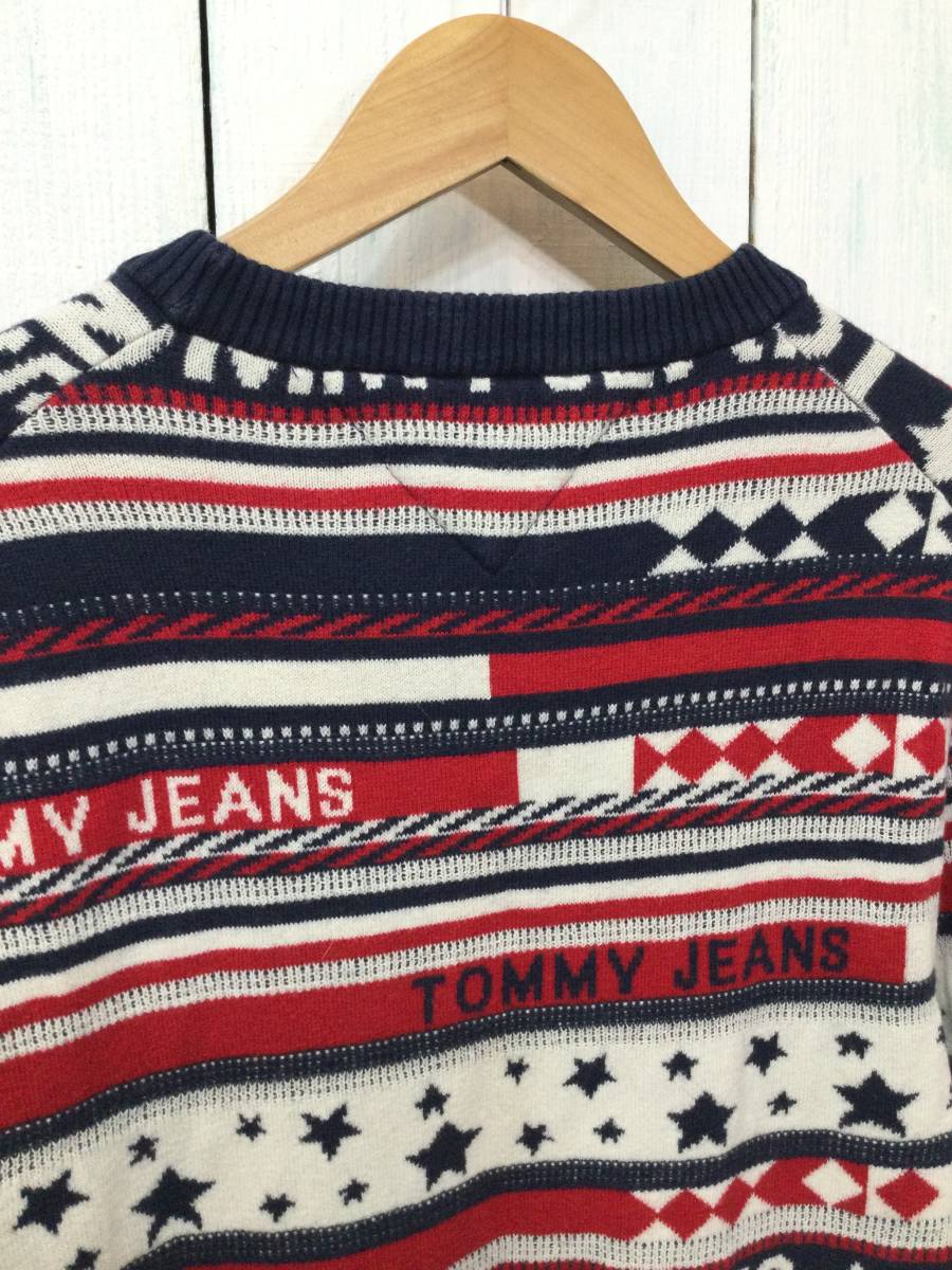 TOMMY JEANS トミーヒルフィガー 総柄 コットン×ウール ニット セーター クルーネック ニット メンズS 良品綺麗_画像8