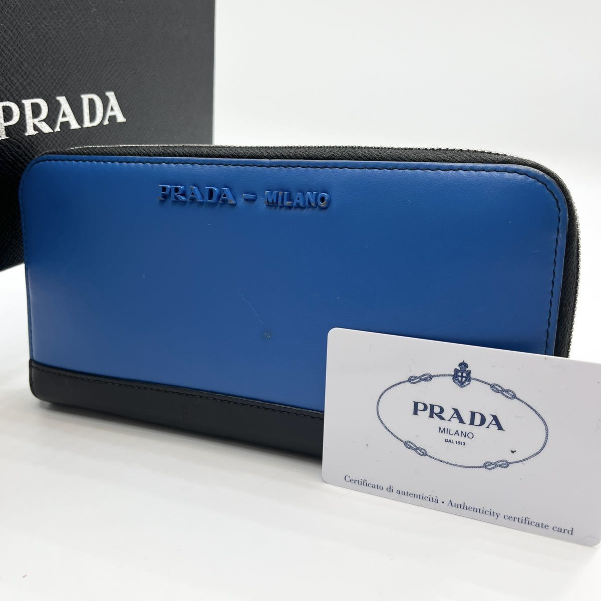 1円《極美品・稀少モデル》PRADA プラダ バイカラー サフィアーノ ロゴ 長財布 ラウンドウォレット メンズ レザー 青 ブルー 黒 ブラック_画像1