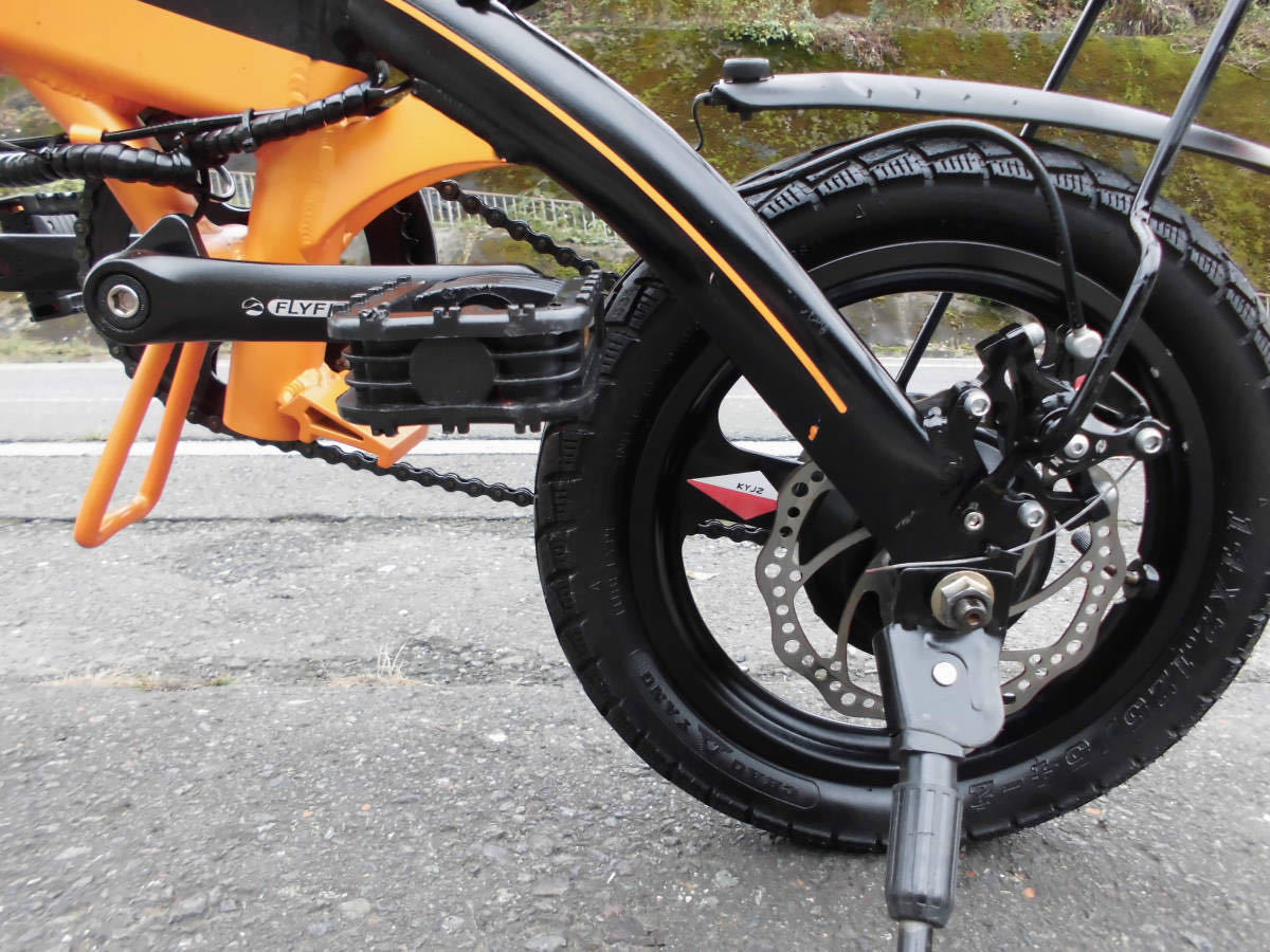 1円～FLYFISH ディスク式 折り畳み電動自転車 新しいリチウムバッテリー 36V 10Ah 5速 14インチ オレンジ色 動作確認済 9465の画像7