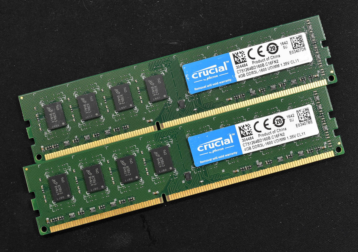 8GB (4GB 2枚組) PC3L-12800U DDR3L-1600 1.35V/1.5V 2Rx8 両面実装 240pin non-ECC Unbuffered DIMM CRUCIAL (管:SA5255_画像1