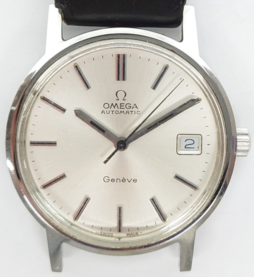 【SR-078】 OMEGA Genve AUTOMATIC デイト メンズ 腕時計 自動巻き シルバー 166.0163 Cal.1012 ヴィンテージ 純正尾錠 稼働品 _画像2