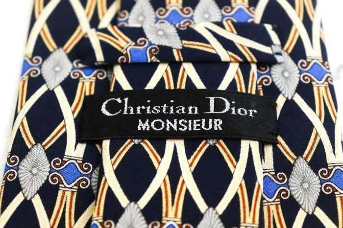 【美品】 クリスチャンディオール Christian Dior チェック柄 シルク 小紋柄 ライン柄 メンズ ネクタイ ネイビー_画像4
