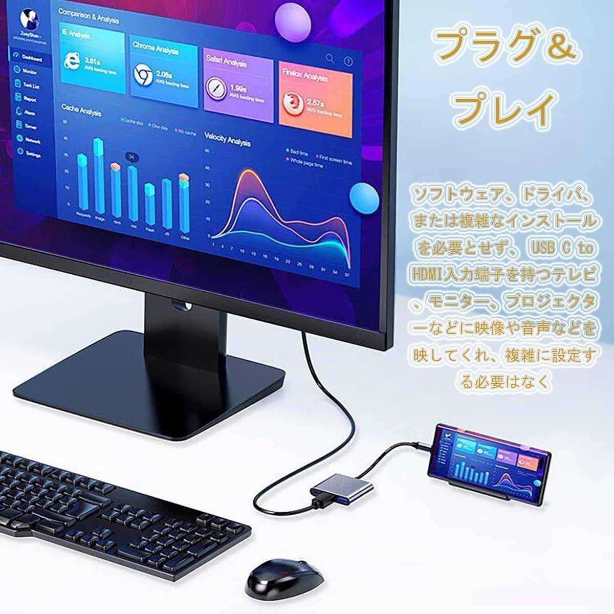 USB Type C HDMI アダプタ ハブ タイプc to HDMI 変換アダプター 1080P 4K解像度 テレビ出力 UHDコンバータ 100WタイプC急速PD充電ポート _画像3