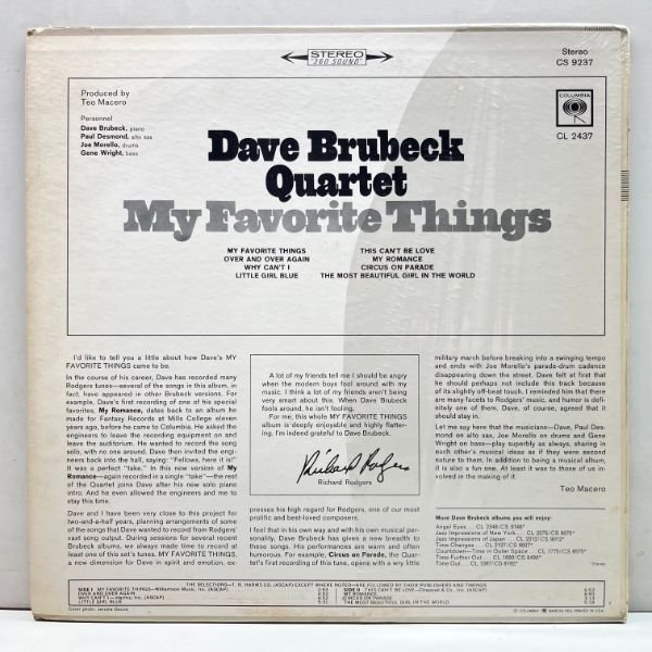 USオリジナル 初版 白矢 360 2eyeラベ DAVE BRUBECK My Favorite Things ('66 Columbia) 黄金カルテットによるロジャース＆ハート集！_画像2