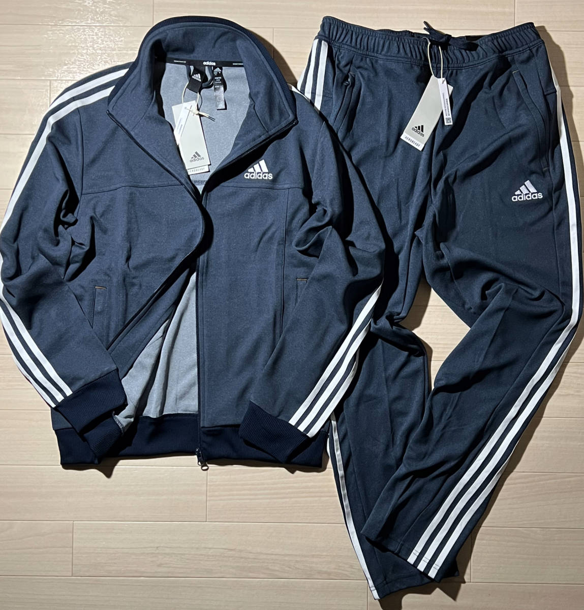 adidas■アディダス〔M〕24/7 AEROREADY デニム 上下 セット ダブルニット ジャケット テーパード パンツ ネイビー 三本ライン23'秋冬_画像1