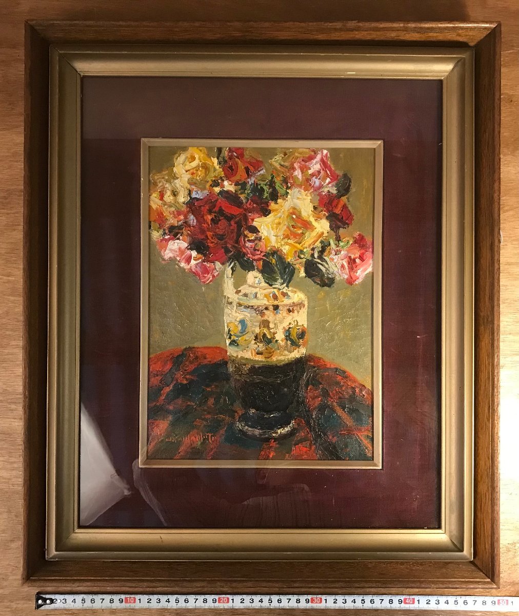 BA462 ■送料込■ 山本彪一 薔薇 油彩画 F4号 肉筆 サイン 絵画 光風会 レトロ 美術品 インテリア 2930g/くMAら_画像2