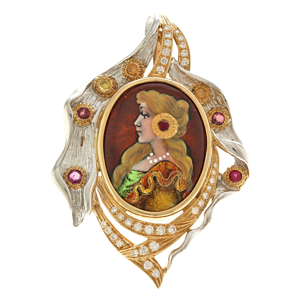 【売り切り御免!】 作家 美品 中古 レディース ルビー 1.12ct ダイヤモンド K18イエローゴールド 18金 ブローチ ペンダント エマーユ 梶光夫 イエローゴールド
