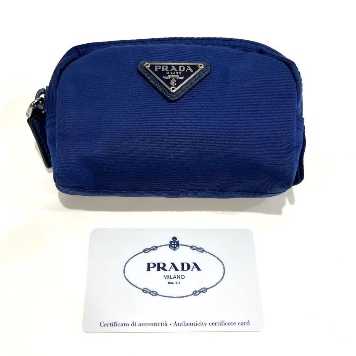 良品 PRADA プラダ ポーチ 1NA339 ナイロン 化粧ポーチ コスメポーチ 小物入れ 三角プレート ブルー ギャランティカード付き 送料無料