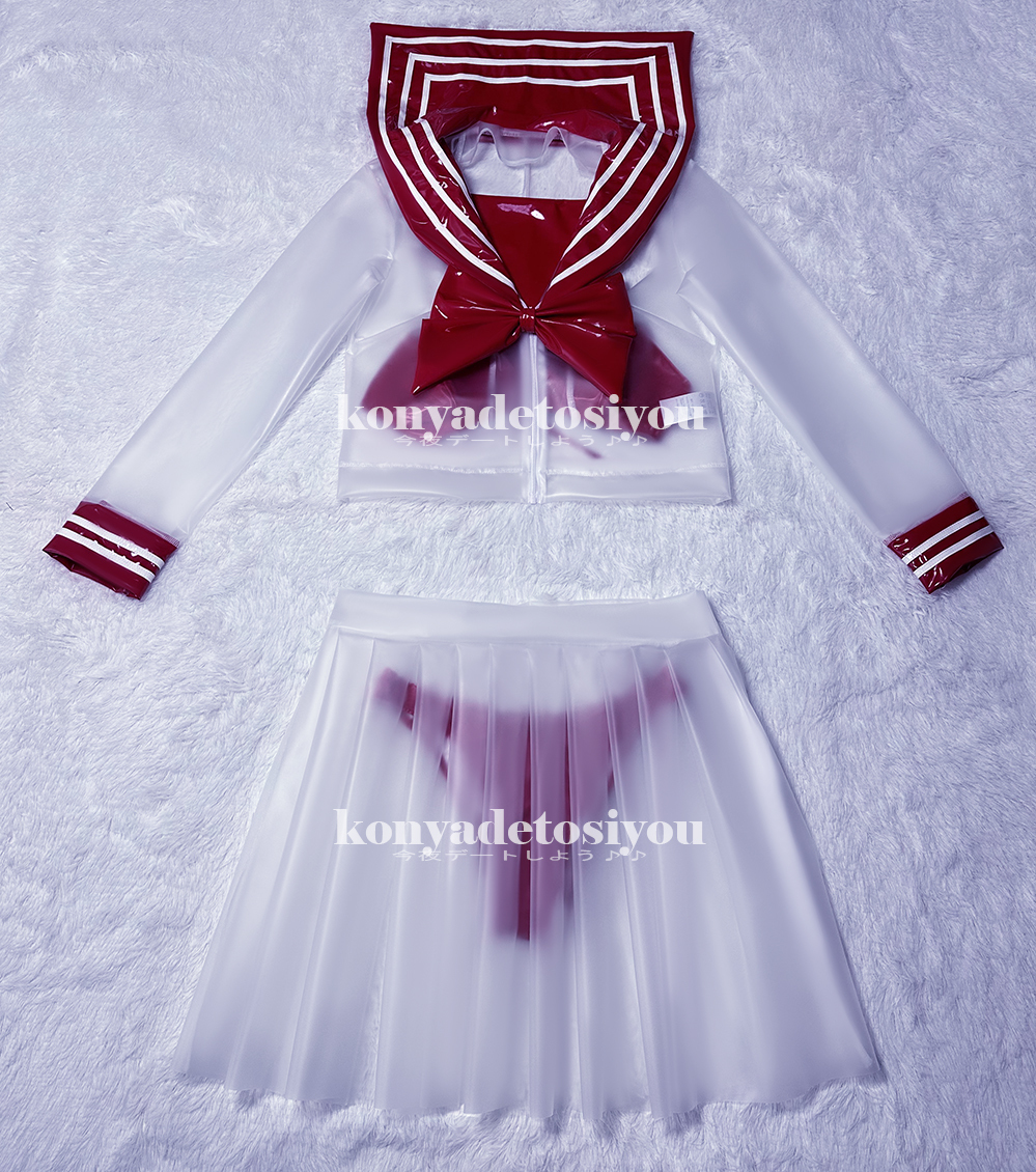 数量限定，得価 25096赤2XL 超光沢 スケスケ 可愛いセーラー風トップス+プリーツスカート コスプレ JK 制服 仮装 キャバ嬢 変装 イベント コスチューム