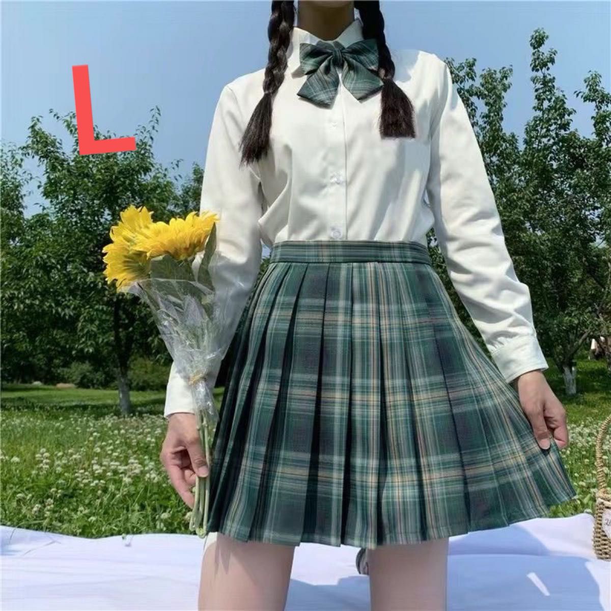 Jk制服　コスプレ高校生　３点セット　サイズL   グリーン系 チェックプリーツスカート コスプレ衣装