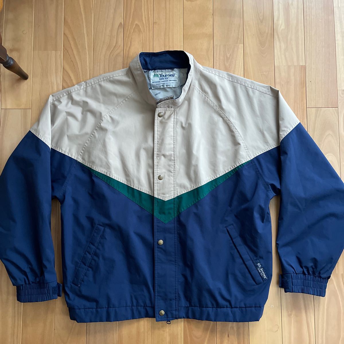 Tourney クリーム x 緑 x 紺 ジャケット XLサイズ 古着 GORE-TEX 自転車 90s