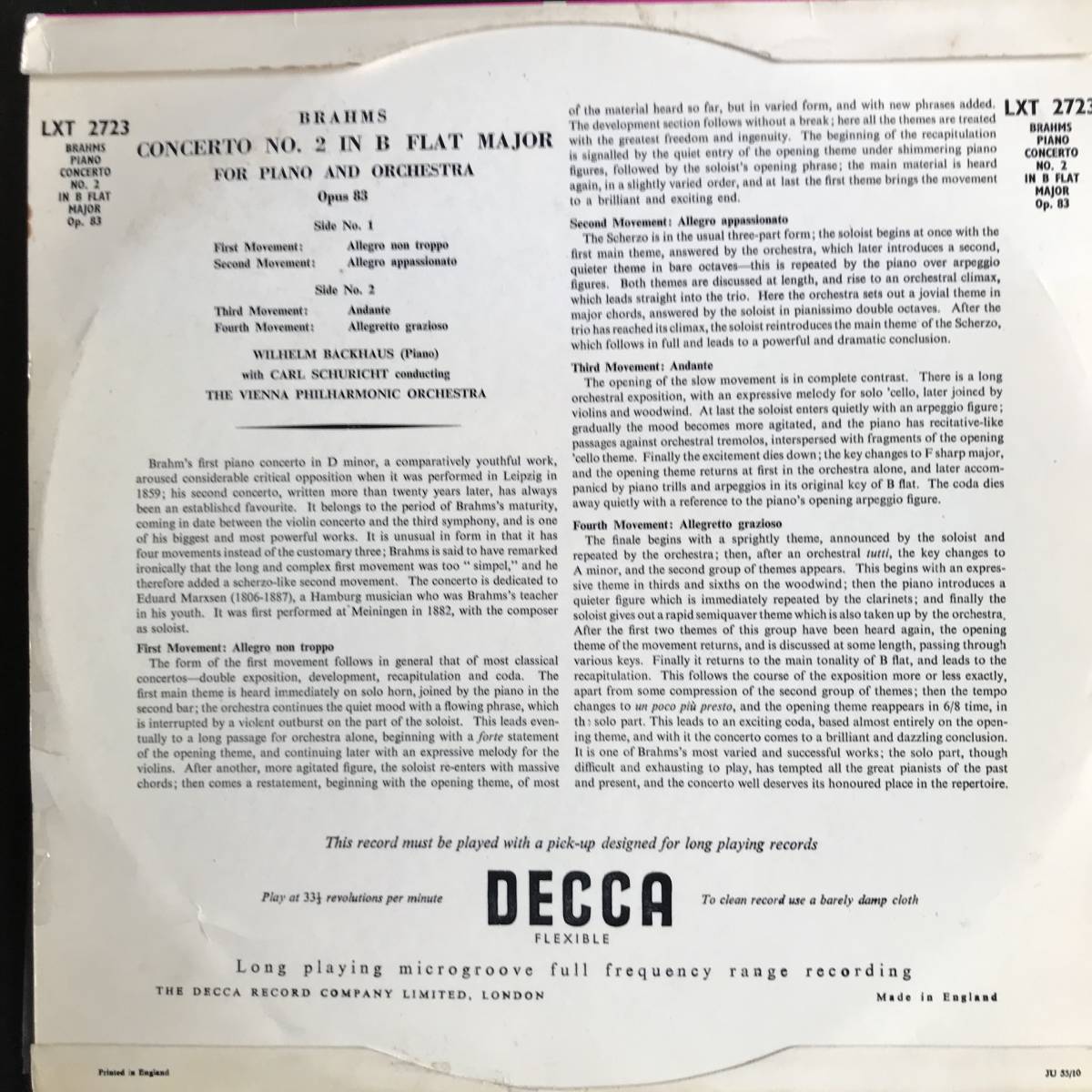 英デッカ　LXT　バックハウス　シューリヒト　ウィーンフィル　ブラームス　ピアノ協奏曲第２番　モノラル時代の決定盤_画像2