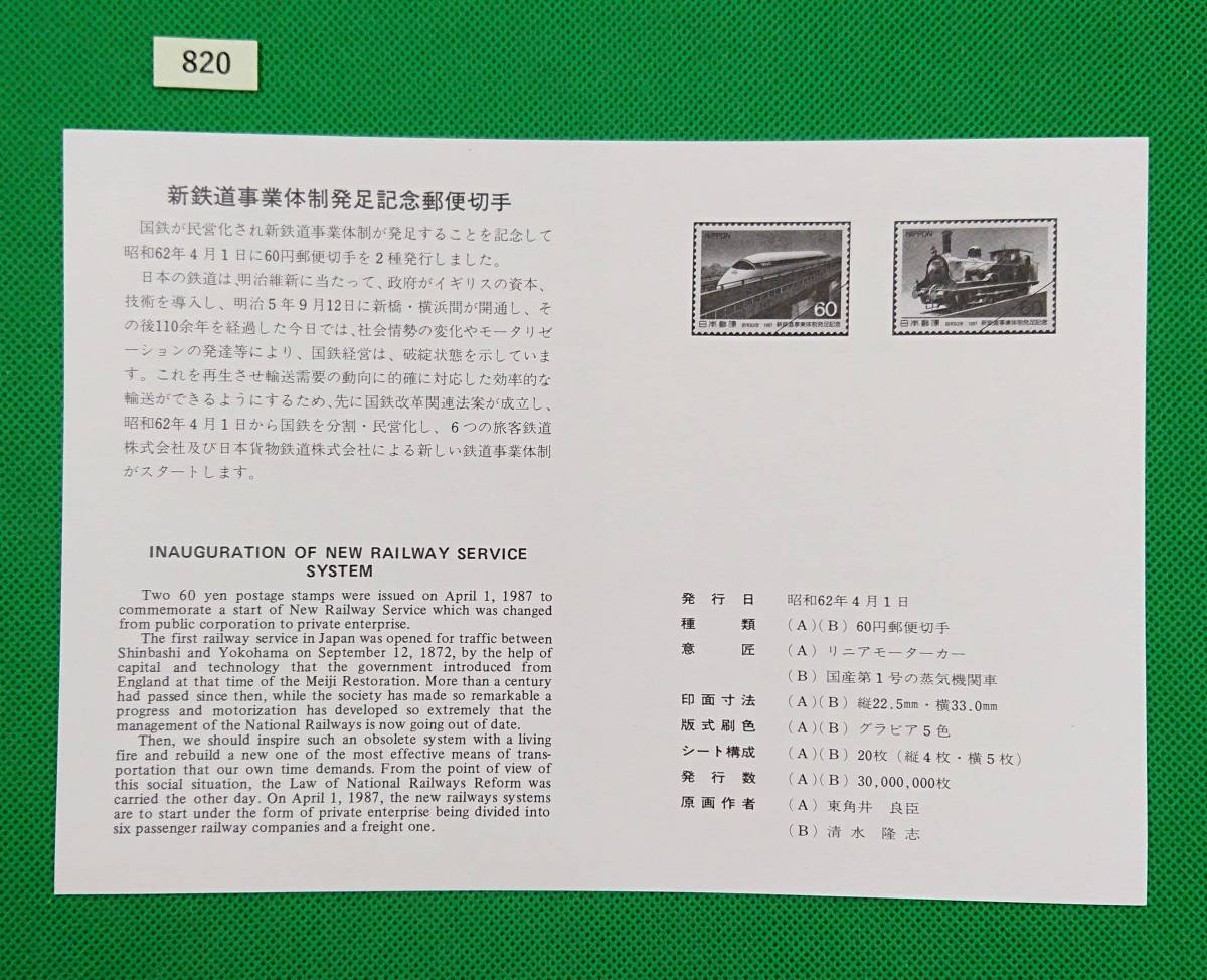 解説書のみ/切手無し/即決/新鉄道事業体制発足/リニアモーターカー/国産第1号の蒸気機関車/昭和62年/収/切手解説書/切手説明書/№820_画像2