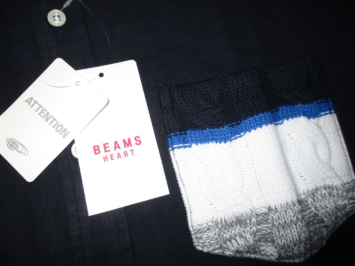 新品 秋物 M ▼ ビームス BEAMS HEART ▼ 微起毛 長袖シャツ ダークネイビー 濃紺 メンズ ニット ポケット_画像3