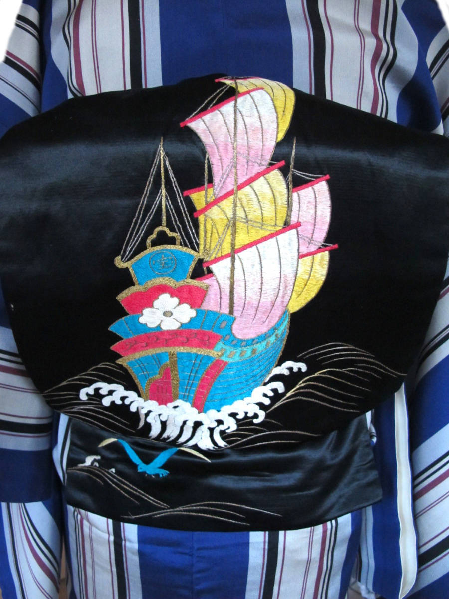 カラフル帆船にカモメ　荒波　アンティーク総刺名古屋帯　黒繻子_画像1
