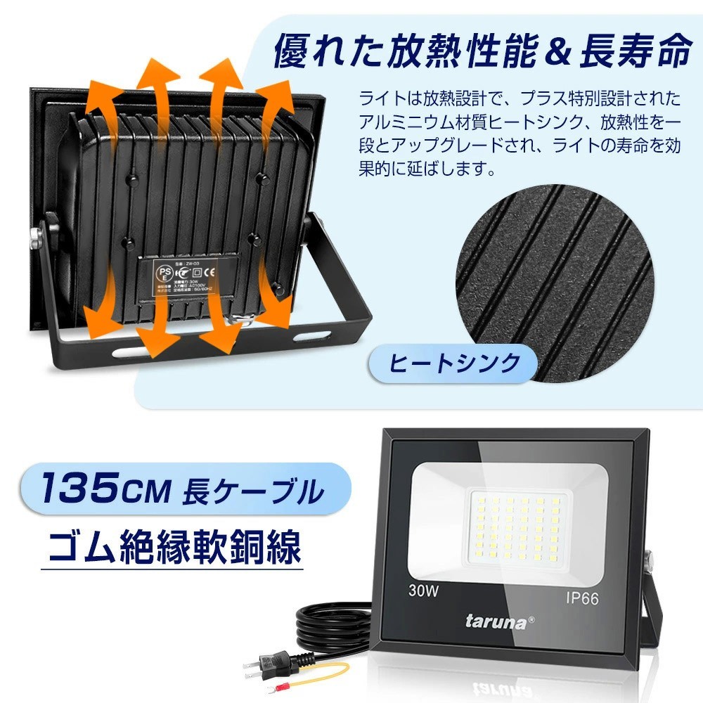 送料込 8台 LED投光器 30W 300W相当 昼光色 6000K 薄型 防犯ライト 作業灯 IP66 防水 コンセント式 広角ライト 屋外 照明 1年保証 ZW-03_画像4