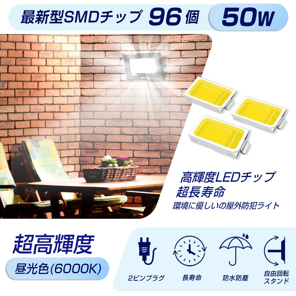 送料込 2台 LED投光器 50W 500W相当 昼光色 6000K 薄型 防犯ライト 作業灯 IP66 防水 コンセント式 広角ライト 屋外 照明 1年保証 ZW-05_画像3