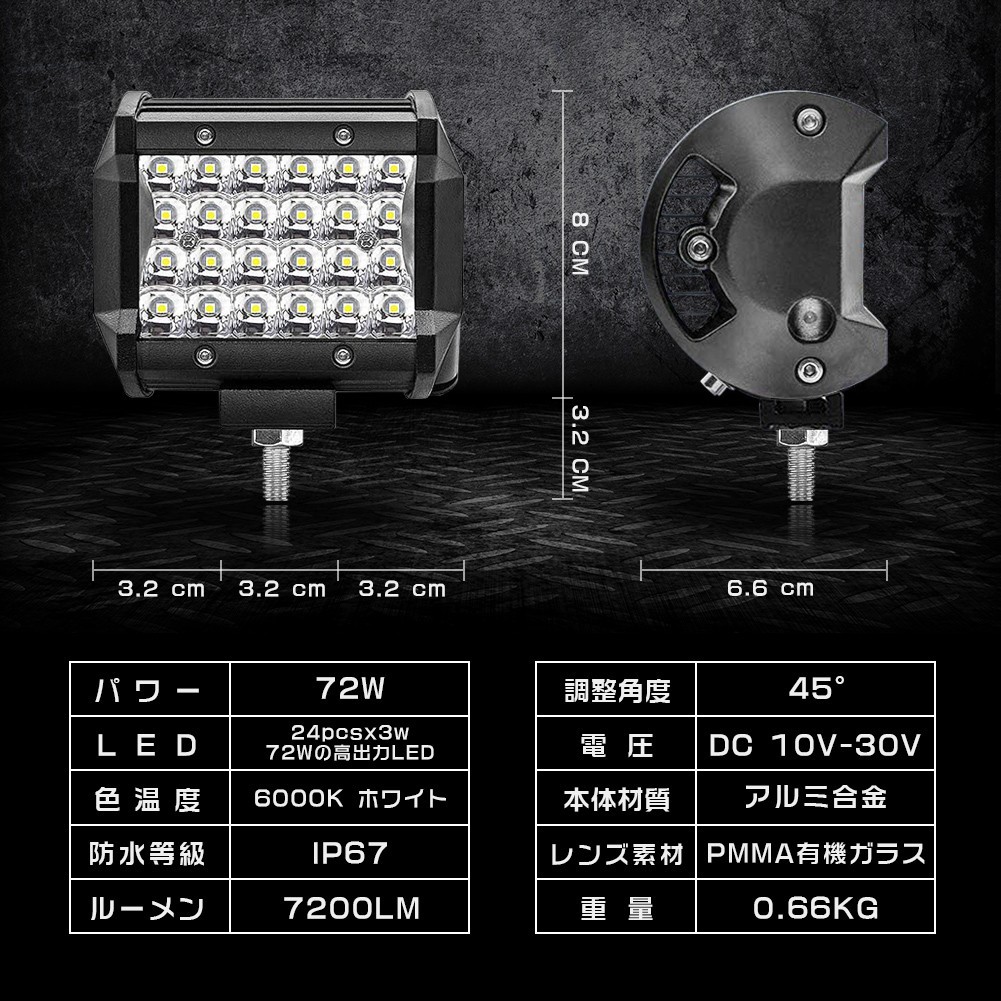 【即納】送料無料 高輝度 72W LED作業灯 7200LM 角型 12v/24v兼用 LED ワークライト ホワイト 船舶/作業車 フォグランプ 一年保証 401A_画像5