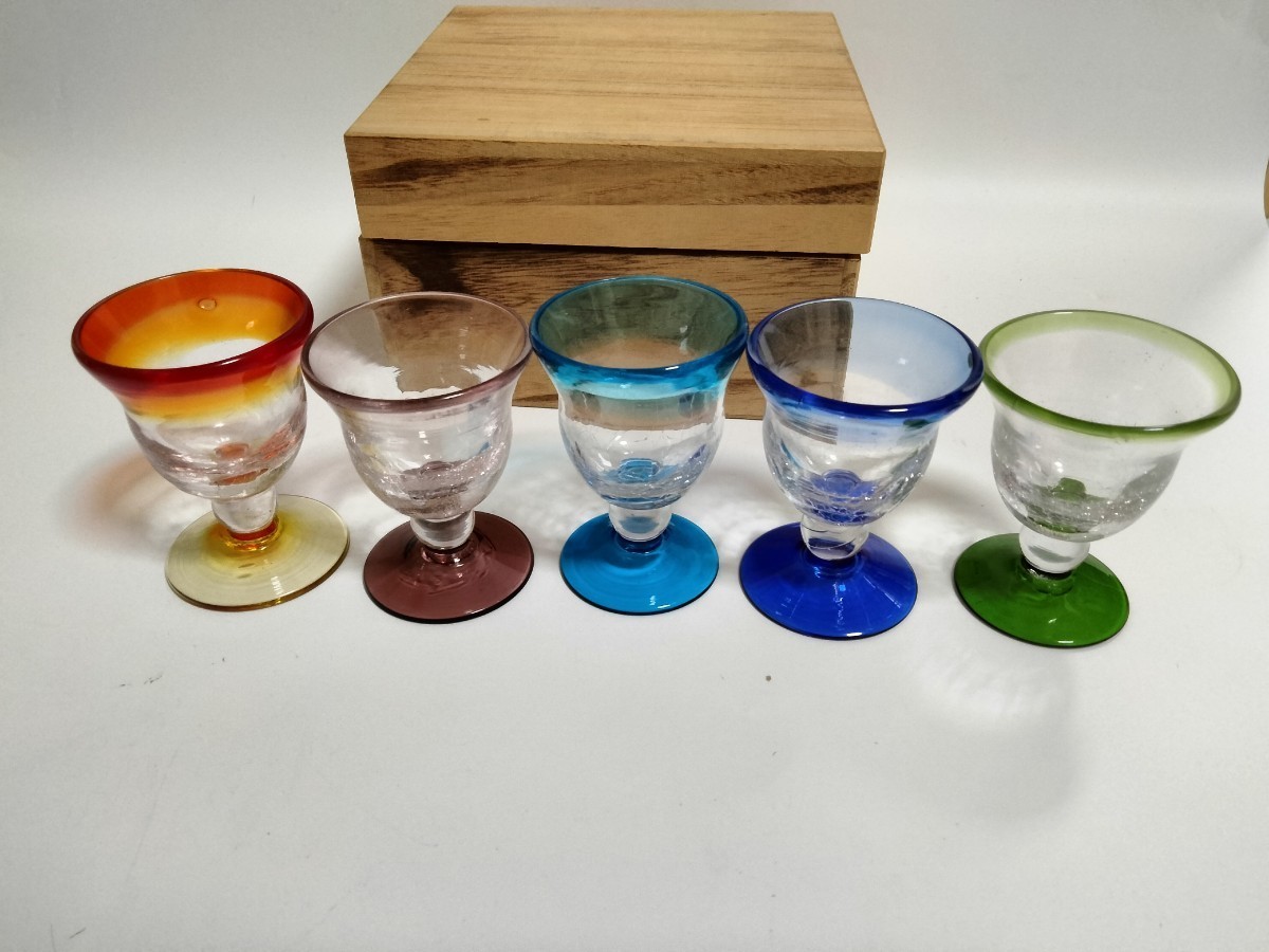 上海ガラス　上海手作りガラス　グラス　5客　木箱入り ショットグラス アンティーク 子ガラス　切子　_画像1