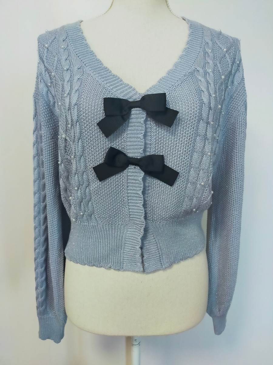 [ tag equipped ] axes femme poetik* ribbon lame knitted cardigan ( gray * ice blue ) short * autumn winter pearl soft 