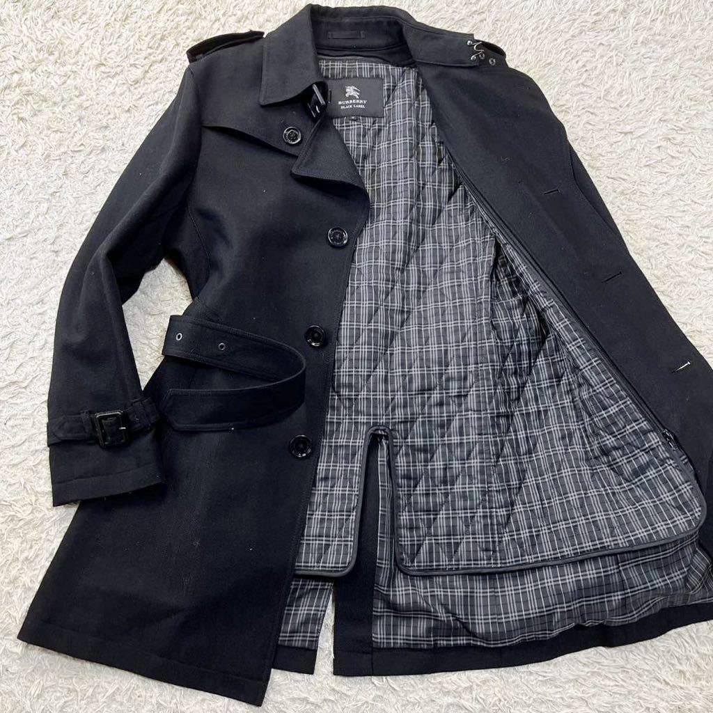 極美品 バーバリーブラックレーベル BURBERRY BLACK LABEL トレンチコート Mサイズ ヘリンボーン ライナー ウール生地 羊毛 黒 _画像1