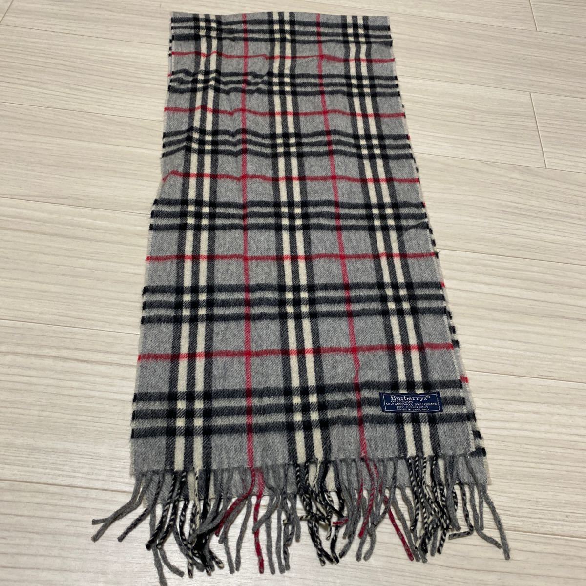 BURBERRY バーバリー　マフラー ストール チェック　グレー　黒白赤　かカシミヤ ウール 50%_画像2