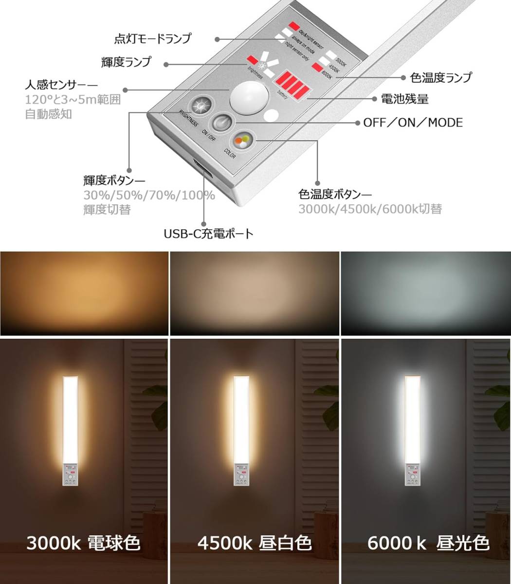 人感センサーライト LED バーライト BEXMON USB-C充電式 コンパクト 4段階輝度 3000/4500/6500K色温度調整 120° 3ｍ距離 クローゼット30cm_画像8