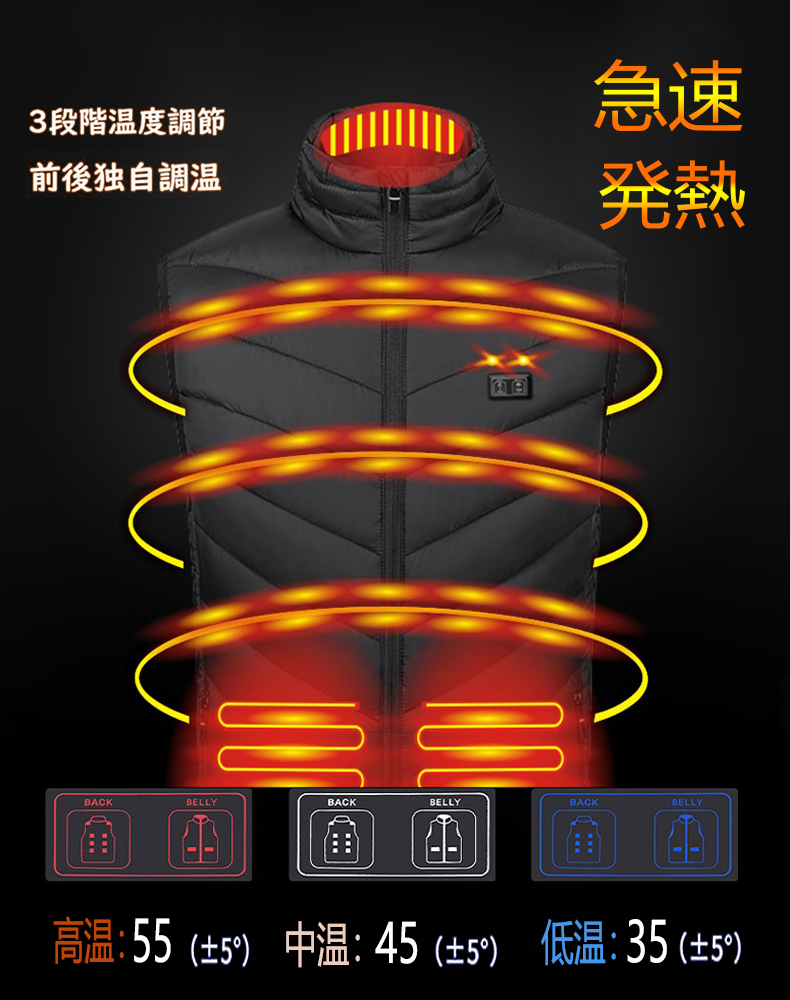 XL【15箇所発熱】電熱ベスト前後独立温度設定 3段階調温 水洗い可能 冬作業服防寒服 男女兼用(M01)/ネイビー[付属20000ｍAhバッテリー]_画像8