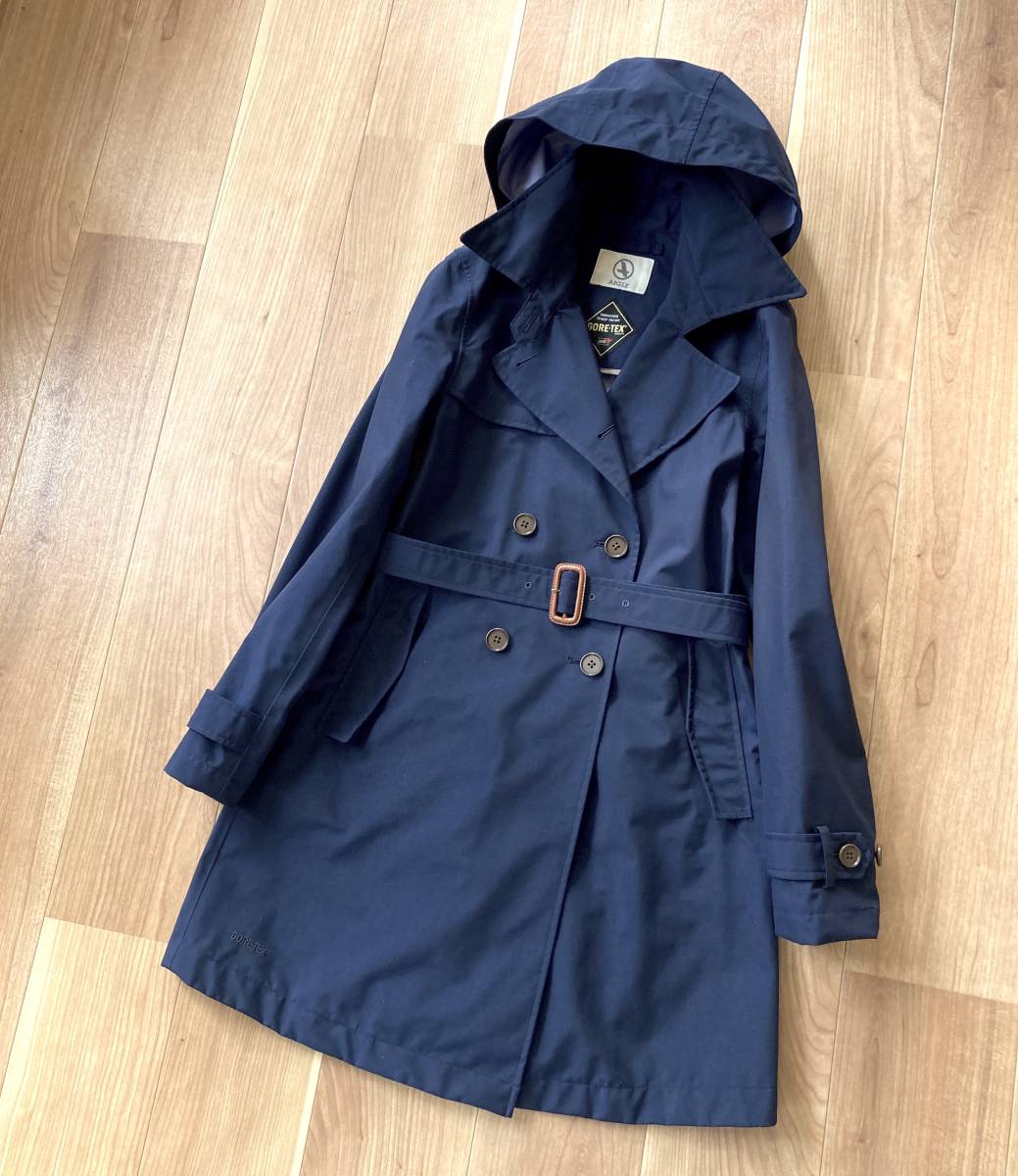 高機能 / 防水・防風・透湿性 AIGLE / GORE-TEX フード付き トレンチコート S ネイビー エーグル ゴアテックス コートの画像3