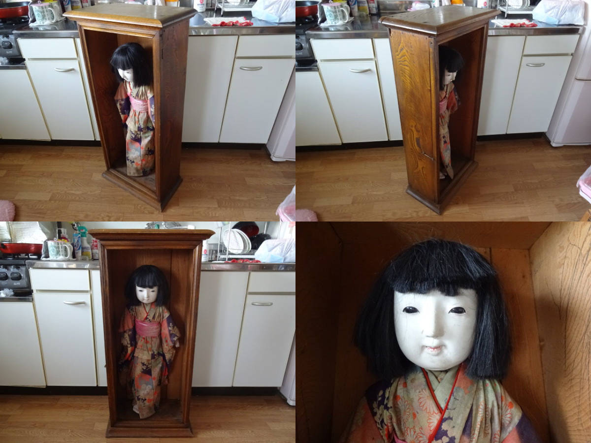 A かなり古い 明治時代 市松人形 抱き人形 女の子 家具調 天然木 人形ケース入り / 中古品_画像9