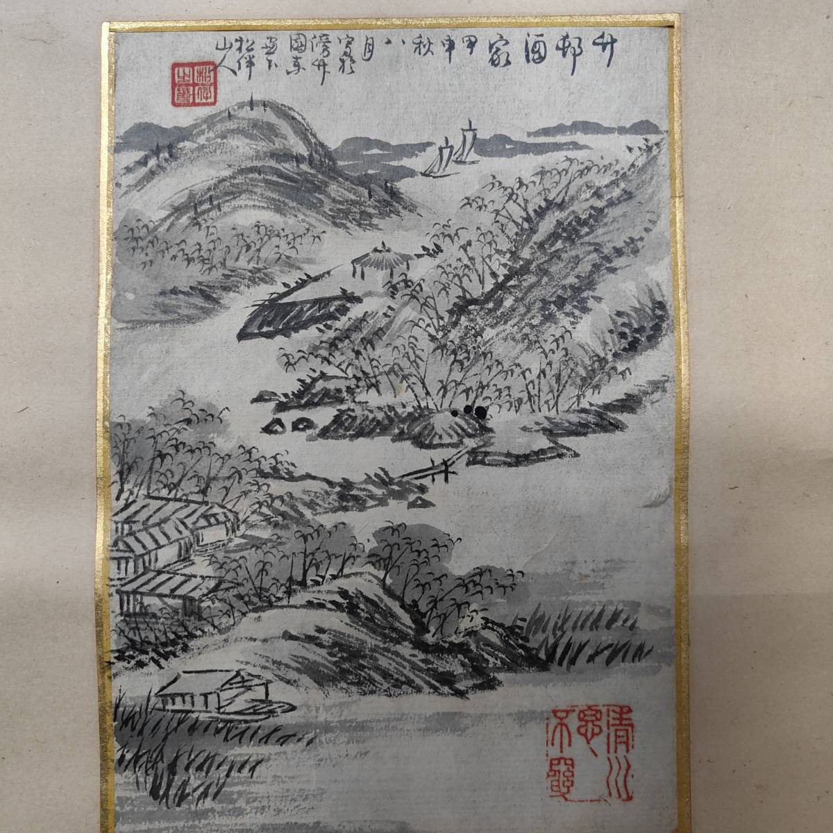 真作/松伴/山人/山水図/画帳崩し/布袋屋掛軸A-400 真作】//松伴/山人/山水図/画帳崩し/布袋屋掛軸A-400 (真作/柳